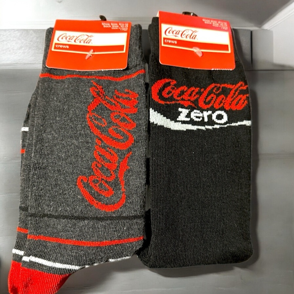 Two pairs Coca Cola Casual Socks Gray and Black Crew Length sz 6 1/2- 12